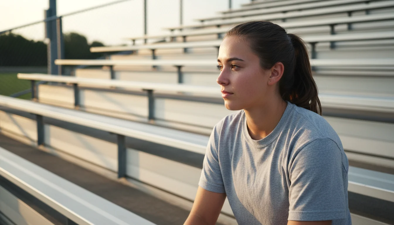College athlete sitting alone on bleachers at dusk