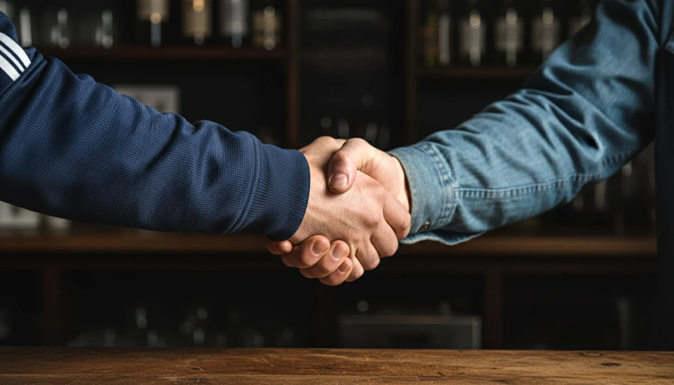 A handshake across a wooden counter