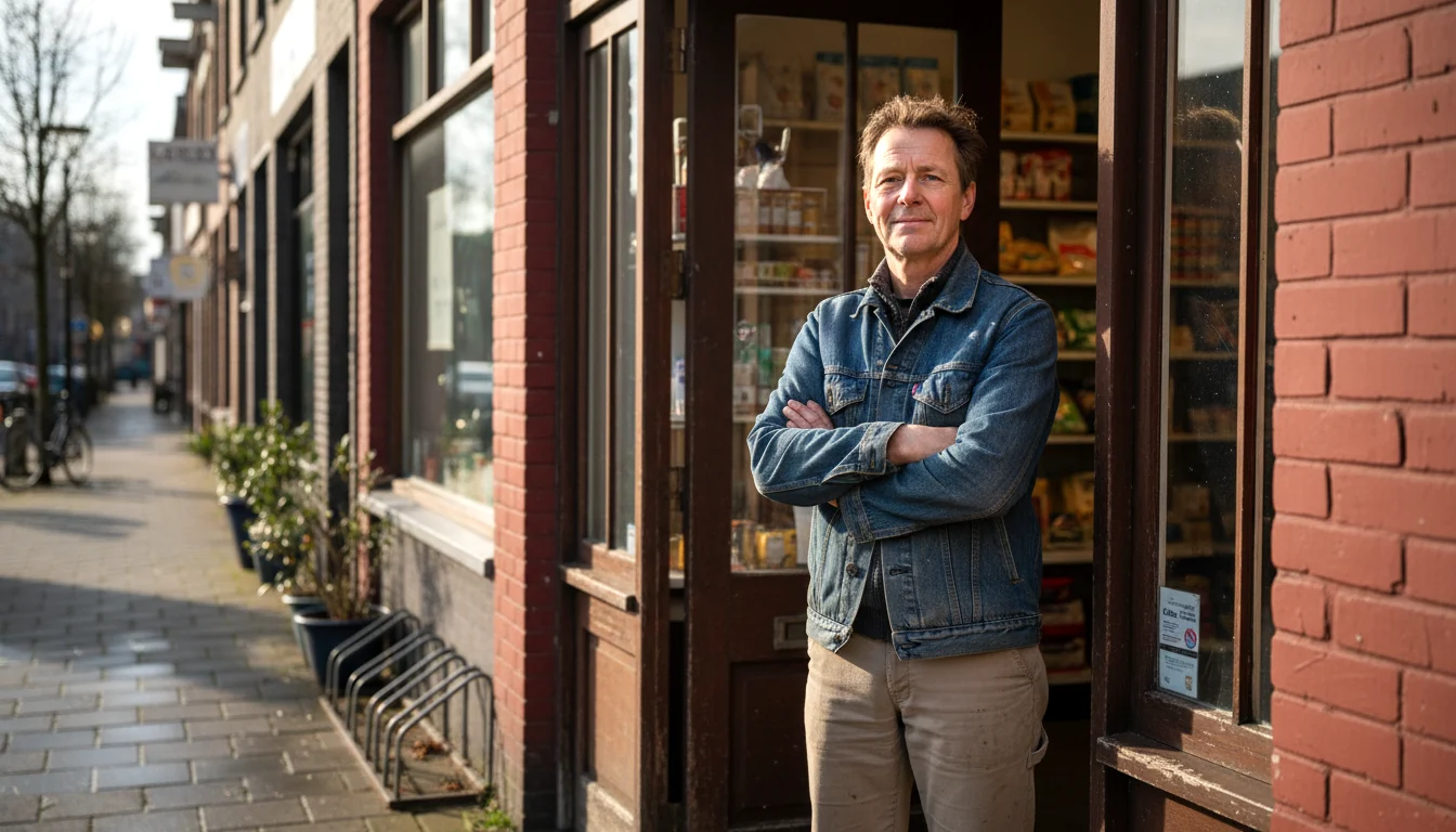 Local business owner in the doorway of their shop at dawn